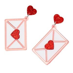 Cute Acrylic Love Message Drop Earrings | Red Glittery Heart Date Night Envelope